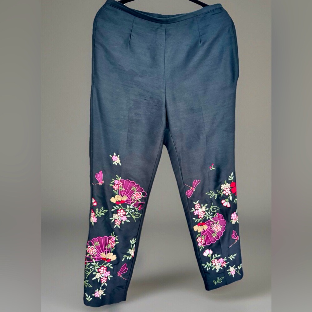 Yves Cossette Depeche Mode Silk Pant Tapered Leg Black/Embroidered Pink Floral 6